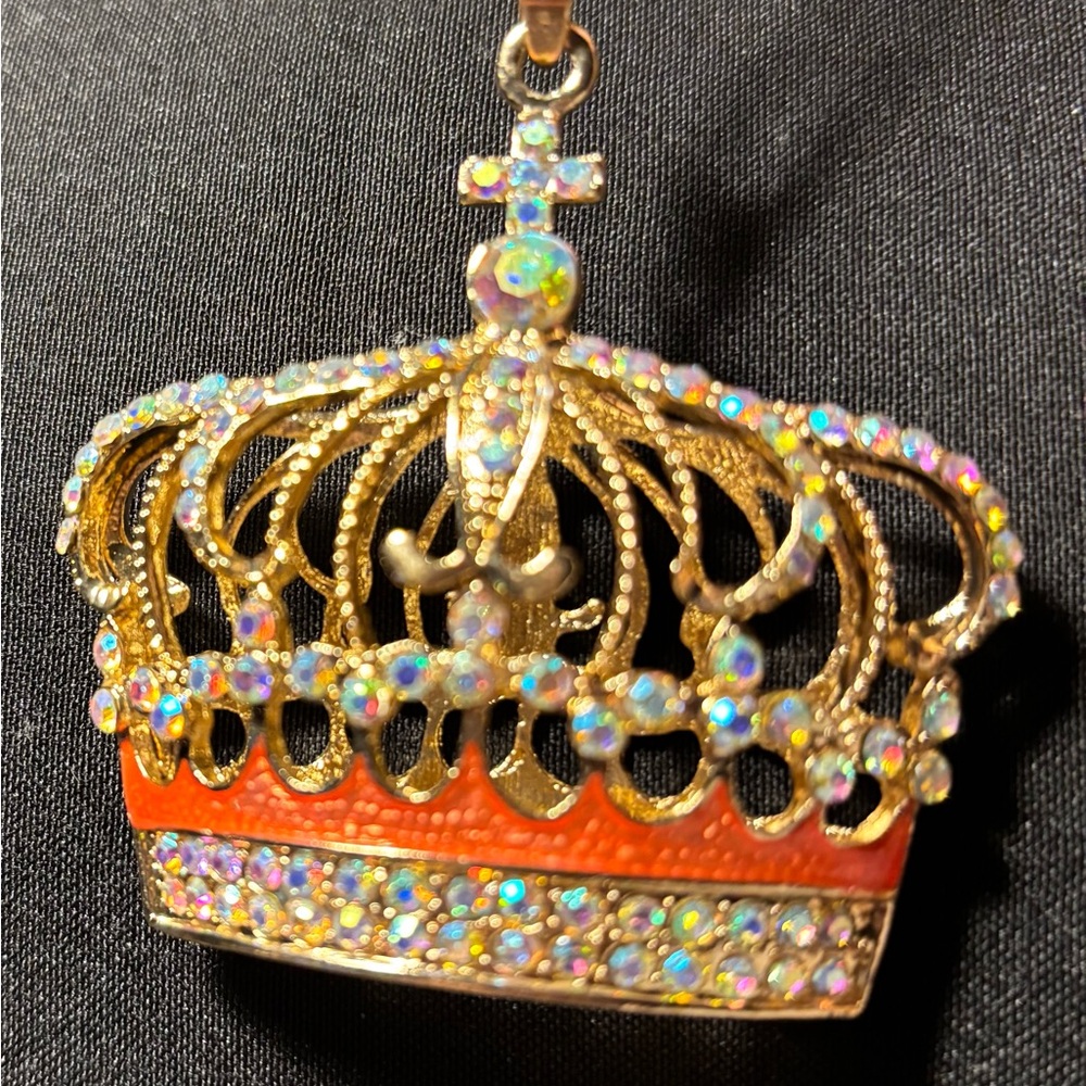 Gold and Orange Crown Pendant/Necklace, Betsey Johnson Crystal Crown.